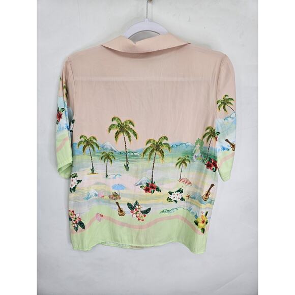 Rachel Zoe Women XS Tropical Beach Satin Feel Button Short Sleeve Shirt Vacation - Picture 3 of 6
